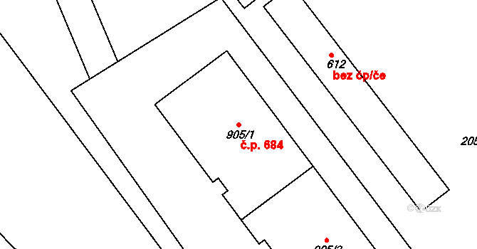 Bohosudov 684, Krupka na parcele st. 905/1 v KÚ Bohosudov, Katastrální mapa