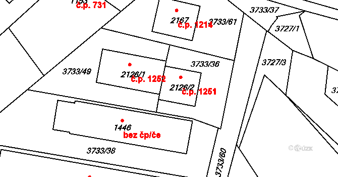Vizovice 1251 na parcele st. 2126/2 v KÚ Vizovice, Katastrální mapa