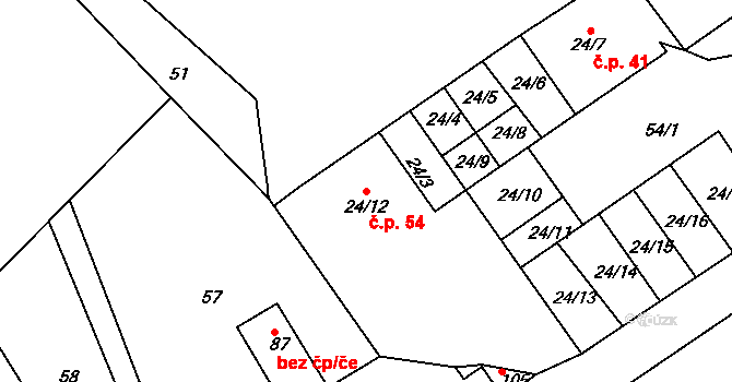 Hodíškov 54 na parcele st. 24/12 v KÚ Hodíškov, Katastrální mapa