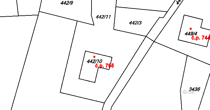 Suchdol nad Lužnicí 765 na parcele st. 442/10 v KÚ Suchdol nad Lužnicí, Katastrální mapa
