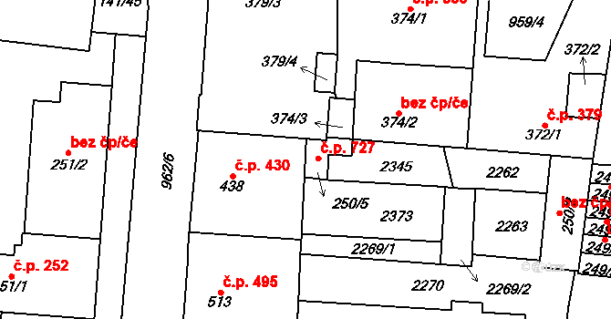 Mariánské Lázně 727 na parcele st. 250/5 v KÚ Mariánské Lázně, Katastrální mapa