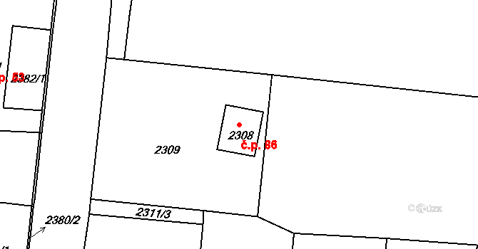 Vodná 86, Kamenice nad Lipou na parcele st. 2308 v KÚ Kamenice nad Lipou, Katastrální mapa