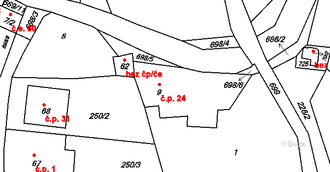 Rašovice 24, Klášterec nad Ohří na parcele st. 9 v KÚ Rašovice u Klášterce nad Ohří, Katastrální mapa