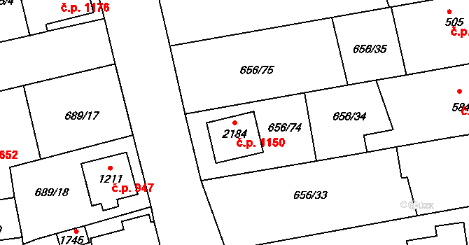 Malenovice 1150, Zlín na parcele st. 2184 v KÚ Malenovice u Zlína, Katastrální mapa