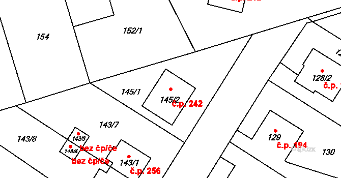 Chlebičov 242 na parcele st. 145/2 v KÚ Chlebičov, Katastrální mapa
