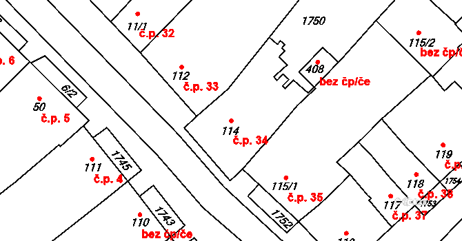 Hostěrádky-Rešov 34 na parcele st. 114 v KÚ Hostěrádky, Katastrální mapa