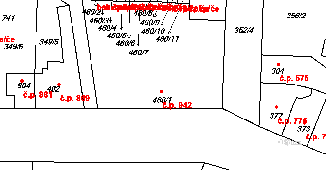 Kralupy nad Vltavou 942 na parcele st. 460/1 v KÚ Lobeč, Katastrální mapa