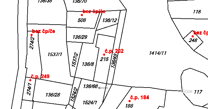 Lhenice 202 na parcele st. 215 v KÚ Lhenice, Katastrální mapa