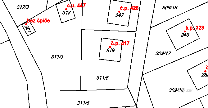 Lubina 417, Kopřivnice na parcele st. 319 v KÚ Drnholec nad Lubinou, Katastrální mapa