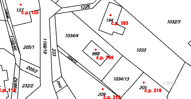 Mořkov 766 na parcele st. 969 v KÚ Mořkov, Katastrální mapa