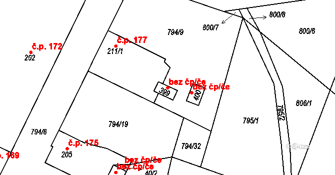 Mlázovice 90618009 na parcele st. 399 v KÚ Mlázovice, Katastrální mapa