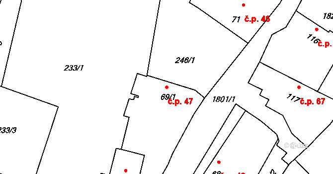 Roupov 47 na parcele st. 69/1 v KÚ Roupov, Katastrální mapa