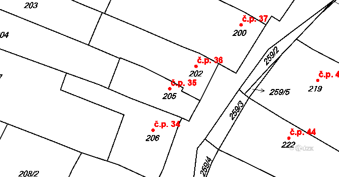 Horní Lapač 35 na parcele st. 205 v KÚ Horní Lapač, Katastrální mapa