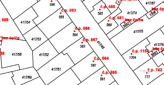 Bystřice pod Hostýnem 567 na parcele st. 593 v KÚ Bystřice pod Hostýnem, Katastrální mapa