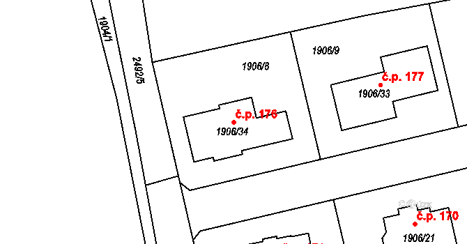 Plzeňské Předměstí 176, Horšovský Týn na parcele st. 1906/34 v KÚ Horšovský Týn, Katastrální mapa