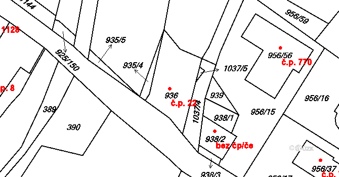 Srubec 22 na parcele st. 936 v KÚ Srubec, Katastrální mapa