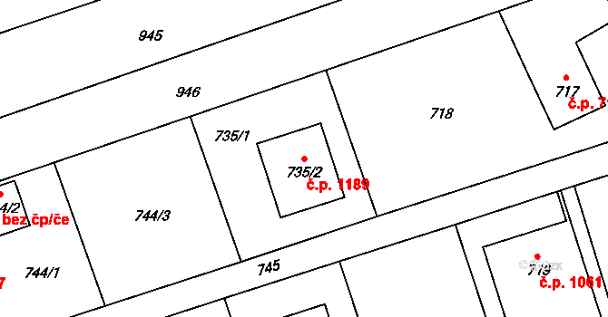 Bystřice 1189 na parcele st. 735/2 v KÚ Bystřice nad Olší, Katastrální mapa