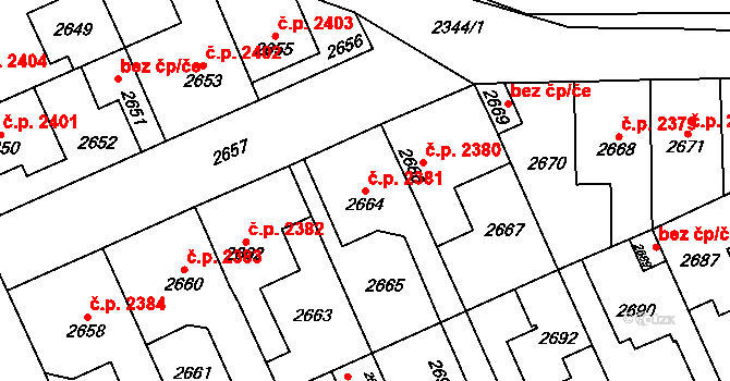 Kladno 2381 na parcele st. 2664 v KÚ Kladno, Katastrální mapa