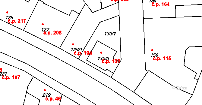 Mochov 133 na parcele st. 130/3 v KÚ Mochov, Katastrální mapa