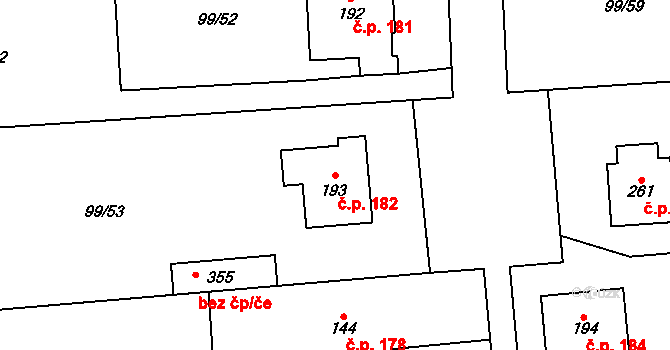 Měšice 182 na parcele st. 193 v KÚ Měšice u Prahy, Katastrální mapa