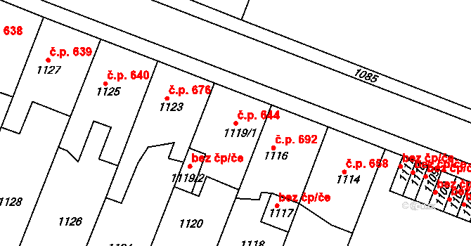 Švermov 644, Kladno na parcele st. 1119/1 v KÚ Motyčín, Katastrální mapa