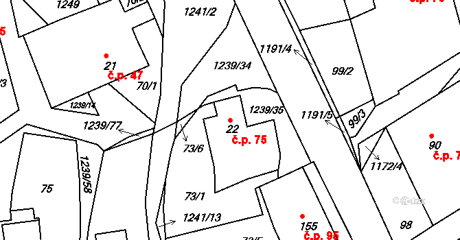 Hartmanice 75 na parcele st. 22 v KÚ Hartmanice u Poličky, Katastrální mapa