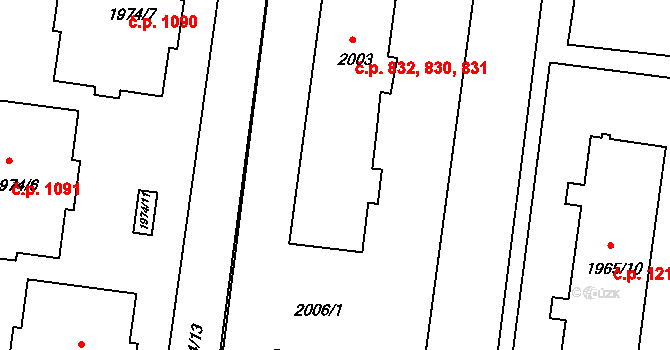 Hulín 830,831,832 na parcele st. 2003 v KÚ Hulín, Katastrální mapa