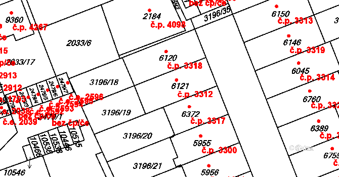 Hodonín 3312 na parcele st. 6121 v KÚ Hodonín, Katastrální mapa