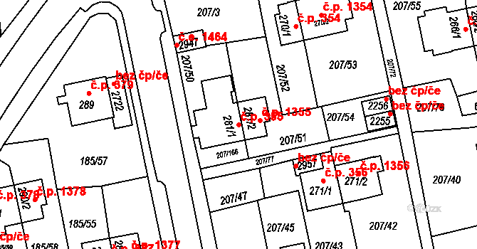 Sezimovo Ústí 355 na parcele st. 281/1 v KÚ Sezimovo Ústí, Katastrální mapa