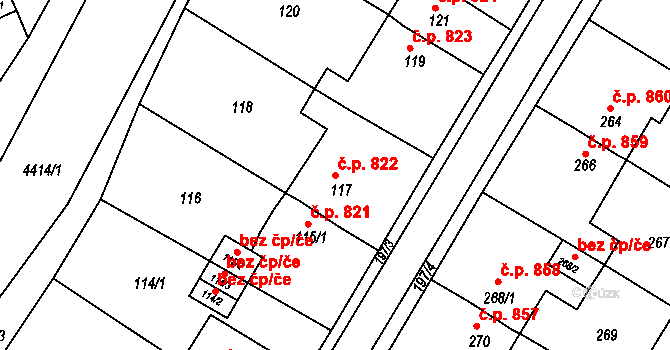 Jirkov 822 na parcele st. 117 v KÚ Jirkov, Katastrální mapa