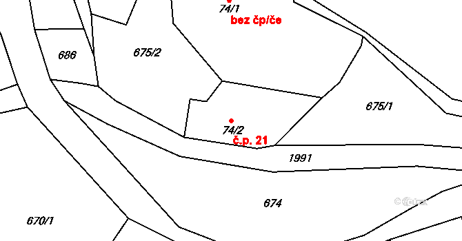 Oldřichov v Hájích 21 na parcele st. 74/2 v KÚ Oldřichov v Hájích, Katastrální mapa