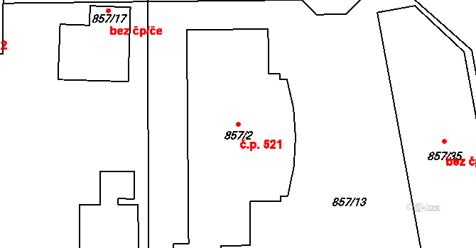 Koterov 521, Plzeň na parcele st. 857/2 v KÚ Hradiště u Plzně, Katastrální mapa