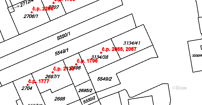 Východní Předměstí 2066,2067, Plzeň na parcele st. 3134/38 v KÚ Plzeň, Katastrální mapa