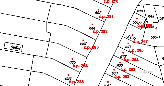 Rajhradice 283 na parcele st. 688 v KÚ Rajhradice, Katastrální mapa