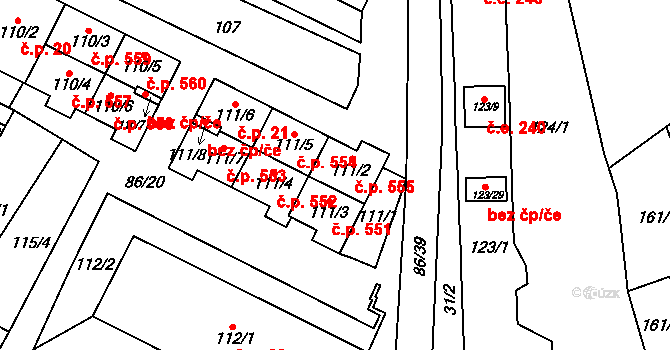 Zastávka 555 na parcele st. 111/2 v KÚ Zastávka, Katastrální mapa
