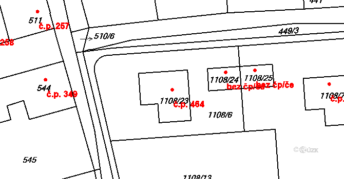 Hřebeč 464 na parcele st. 1108/23 v KÚ Hřebeč, Katastrální mapa