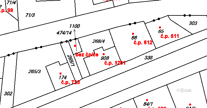 Rudná 1291 na parcele st. 908 v KÚ Hořelice, Katastrální mapa