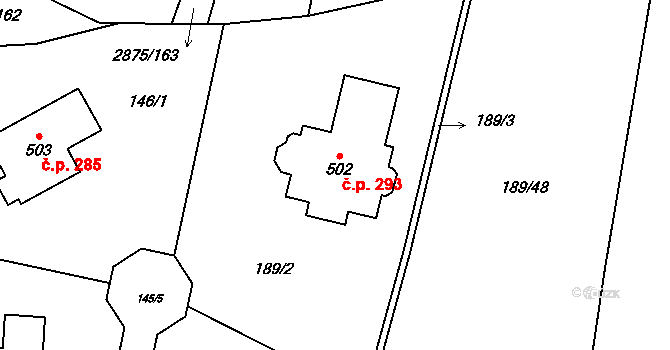 Ledce 293 na parcele st. 502 v KÚ Ledce u Plzně, Katastrální mapa