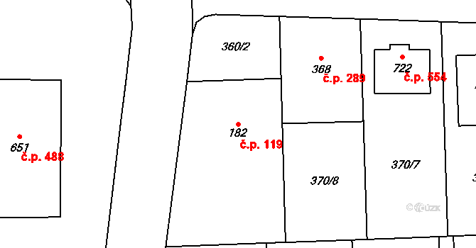 Prštné 119, Zlín na parcele st. 182 v KÚ Prštné, Katastrální mapa