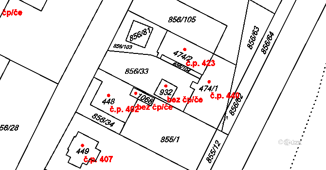 Hanušovice 48900010 na parcele st. 932 v KÚ Hanušovice, Katastrální mapa