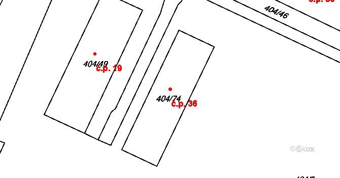 Tušimice 36, Kadaň na parcele st. 404/74 v KÚ Tušimice, Katastrální mapa