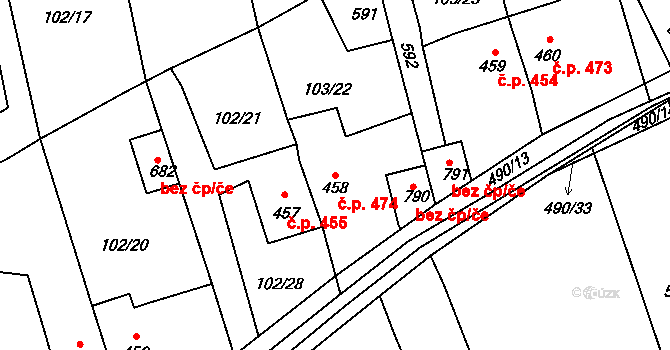 Rudná 474 na parcele st. 458 v KÚ Dušníky u Rudné, Katastrální mapa