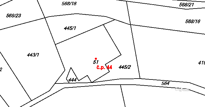 Debrné 44, Mostek na parcele st. 51 v KÚ Debrné u Mostku, Katastrální mapa