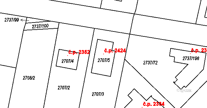 Benešov 2424 na parcele st. 2707/5 v KÚ Benešov u Prahy, Katastrální mapa
