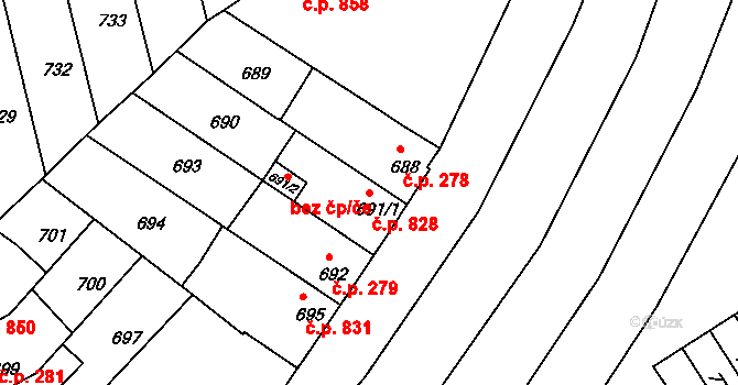 Holešov 828 na parcele st. 691/1 v KÚ Holešov, Katastrální mapa