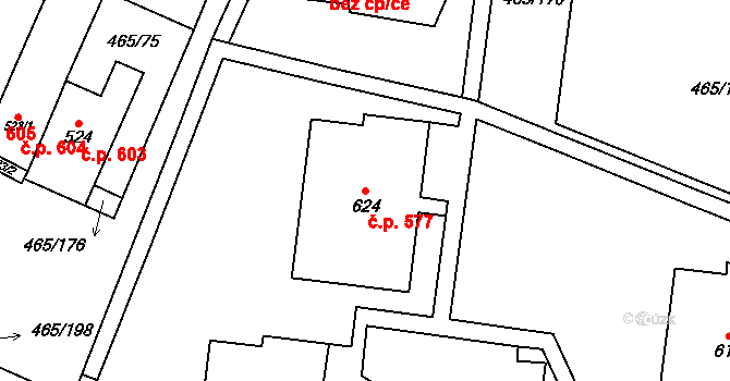Přímětice 577, Znojmo na parcele st. 624 v KÚ Přímětice, Katastrální mapa