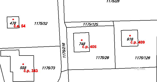 Vranov nad Dyjí 405 na parcele st. 748 v KÚ Vranov nad Dyjí, Katastrální mapa