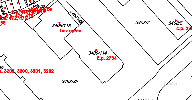 Znojmo 2734 na parcele st. 3408/114 v KÚ Znojmo-město, Katastrální mapa