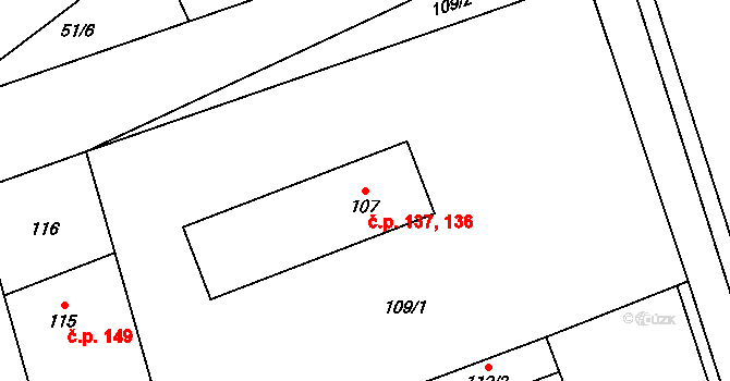 Přerov IV-Kozlovice 136,137, Přerov na parcele st. 107 v KÚ Kozlovice u Přerova, Katastrální mapa