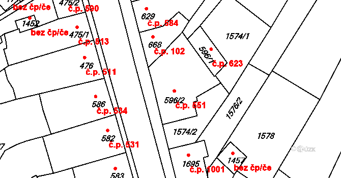 Trhové Sviny 551 na parcele st. 596/2 v KÚ Trhové Sviny, Katastrální mapa